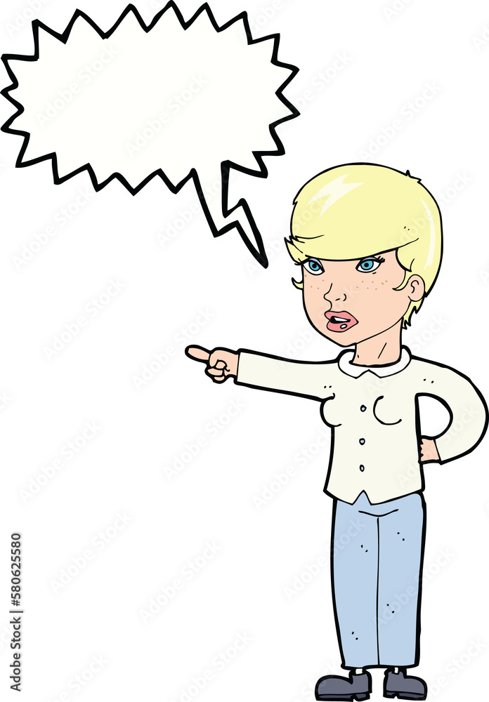 cartoon woman pointing finger of blame with speech bubble cartoon woman pointing finger of blame with speech bubble