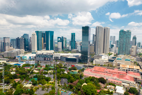 Mandaluyong, Metro Manila, Philippines - The Ortigas Skyline and Wack Wack Village. SM Megamall and Shangri-La Mall visible in aerial photo. photo