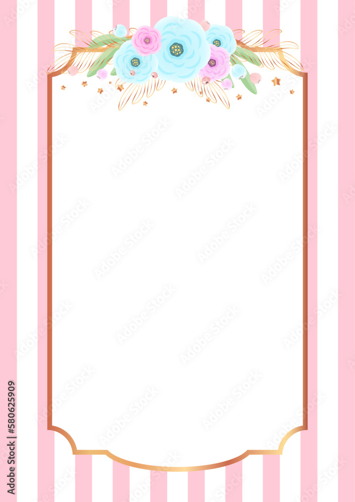 Vintage floral background. Golden frame with flowers on a background of pink stripes. Vector illustration 10 EPS.