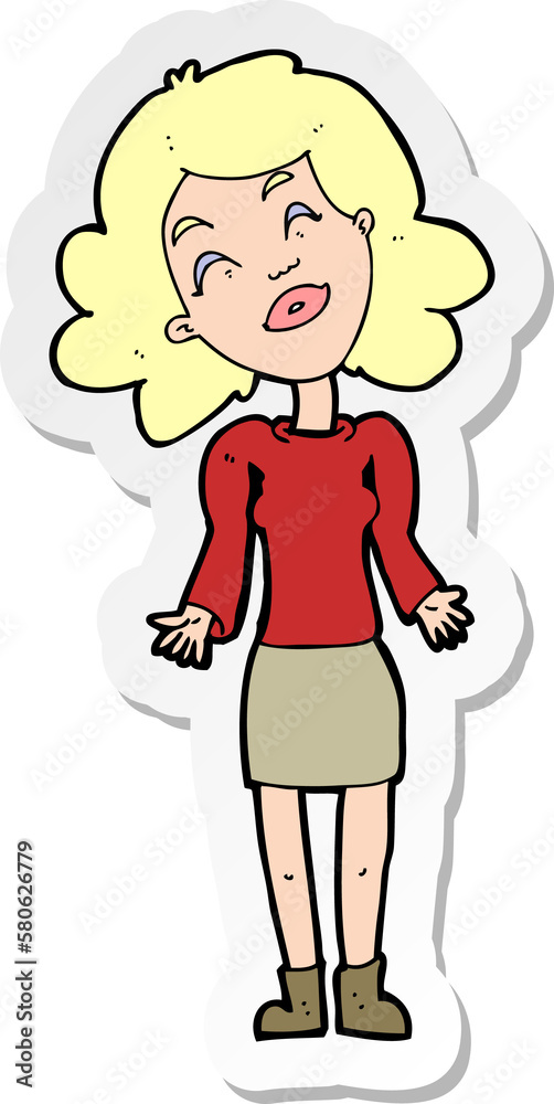 sticker of a cartoon woman shrugging shoulders sticker of a cartoon woman shrugging shoulders