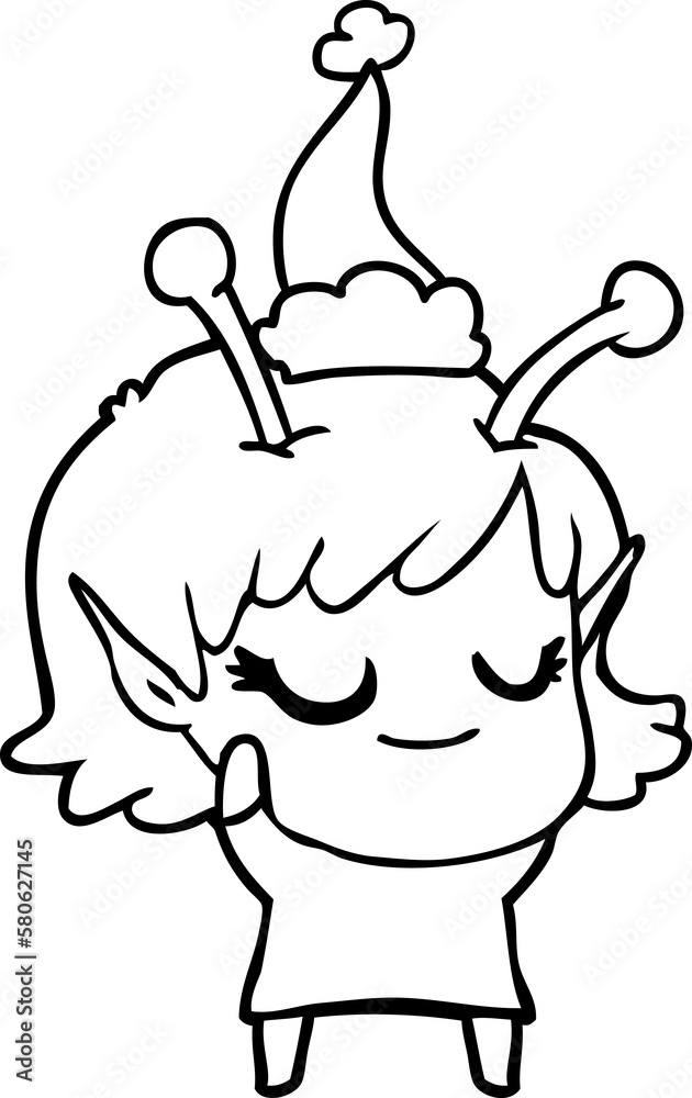 smiling alien girl line drawing of a wearing santa hat smiling alien girl line drawing of a wearing santa hat