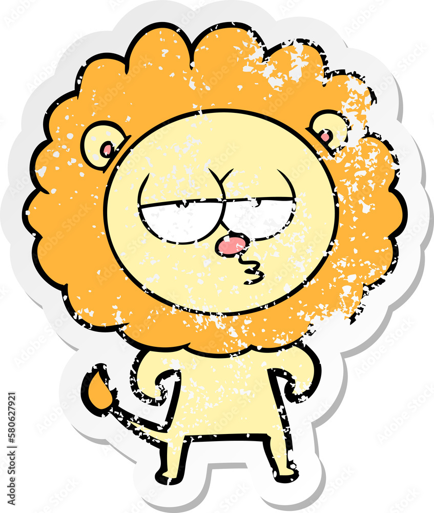 distressed sticker of a cartoon bored lion distressed sticker of a cartoon bored lion