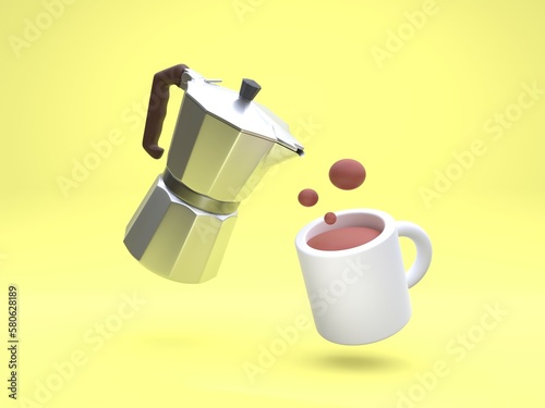 3D Coffee set. coffee cup with moka pot. Concept of Cafe. 3D rendering