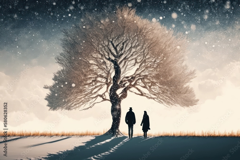 Winter time. Near the tree. Couple is having a walk outdoors. Beautiful creative art. Generative AI