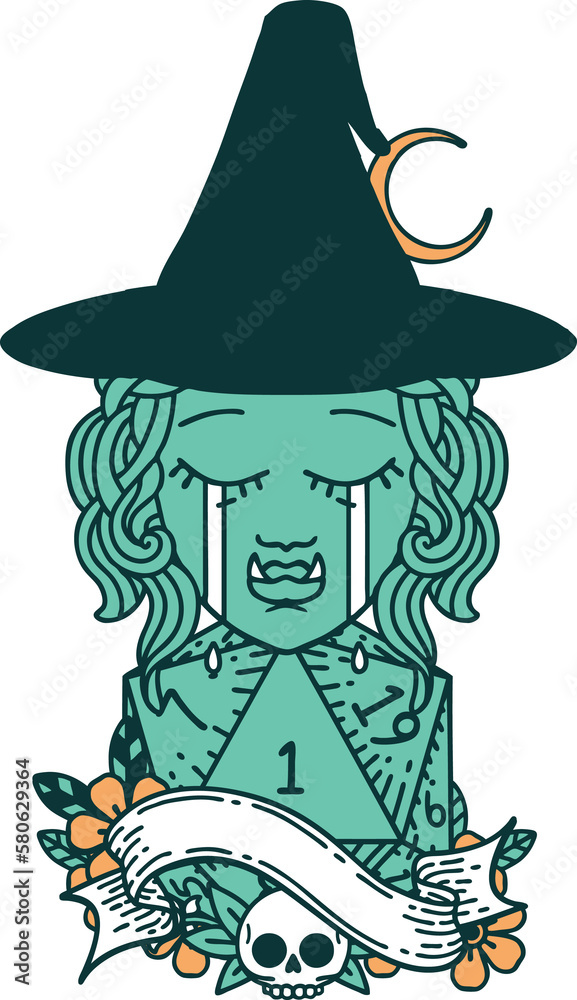 crying half orc witch character face with natural one d20 dice roll illustration crying half orc witch character face with natural one d20 dice roll illustration