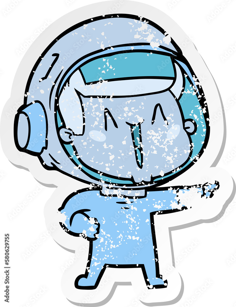 distressed sticker of a happy cartoon astronaut pointing