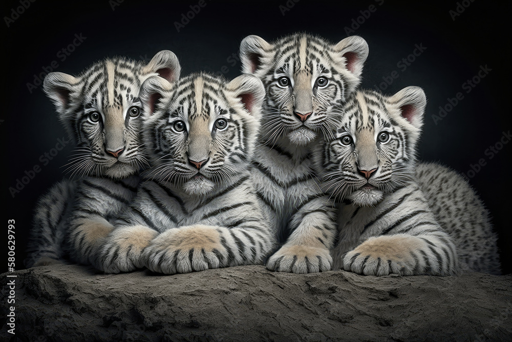 Fototapeta premium Four Adorable White Tiger Kittens iIllustration