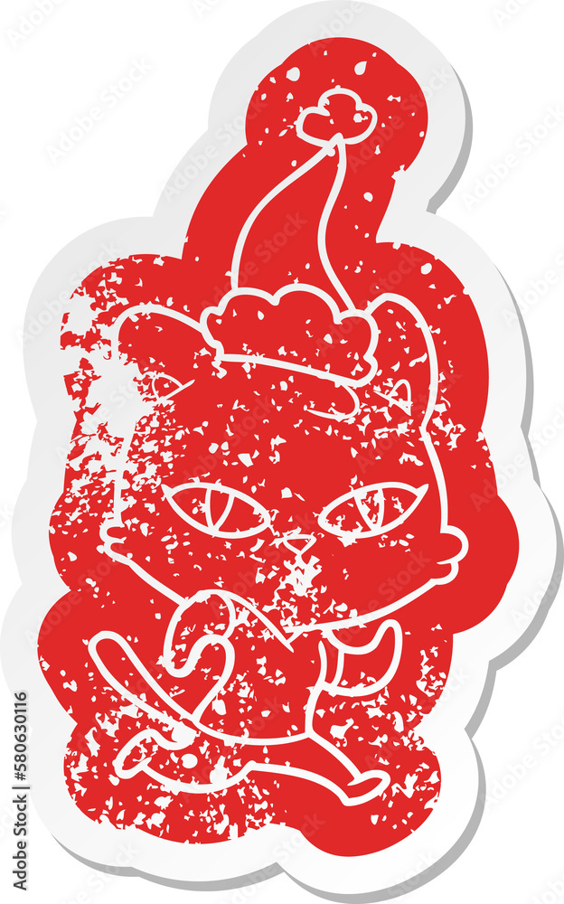 cartoon distressed sticker of a cat out for a run wearing santa hat cartoon distressed sticker of a cat out for a run wearing santa hat
