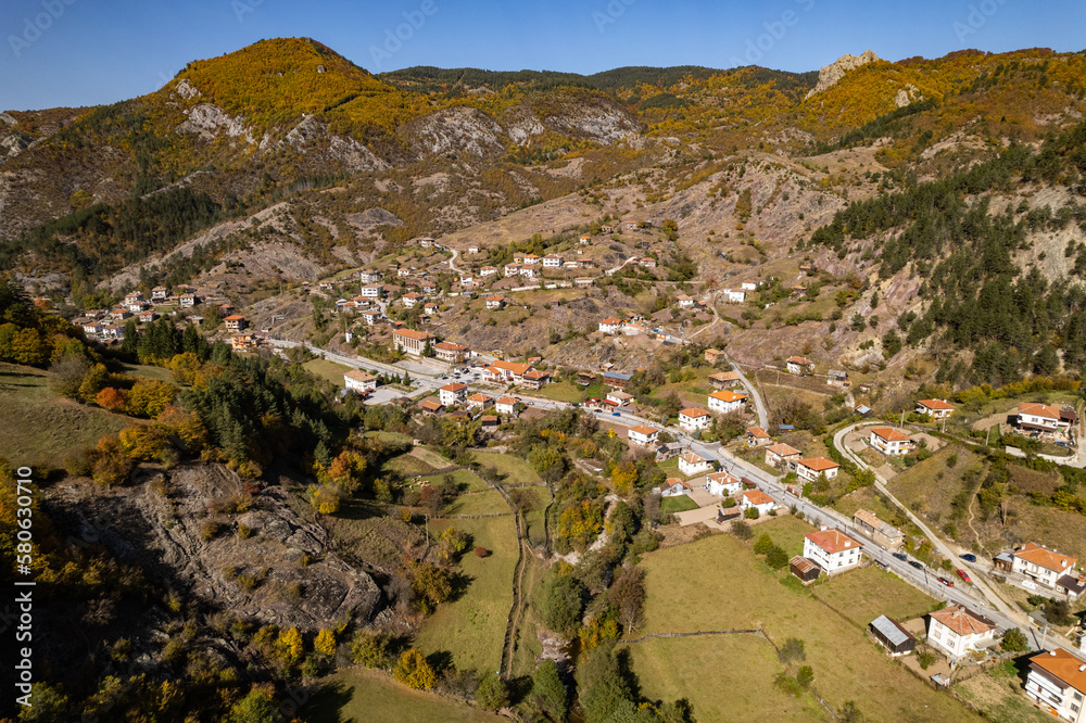 Aerial view of a village in the mountains