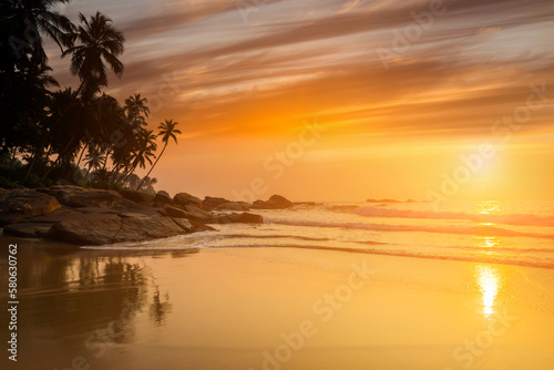 Sunset on the beach with coconut palms.