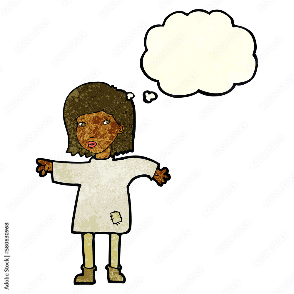 cartoon woman in patched clothing with thought bubble cartoon woman in patched clothing with thought bubble