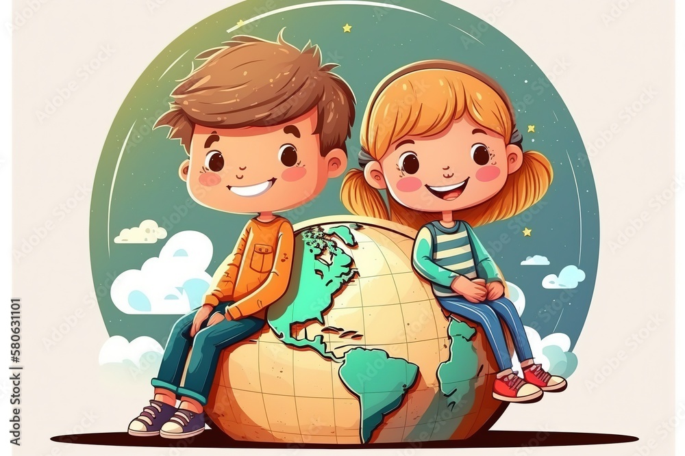 Naklejka premium Happy girl and boy sitting on the globe. Future belongs to the children. Reduce earth climate for the future of our children Generative AI.