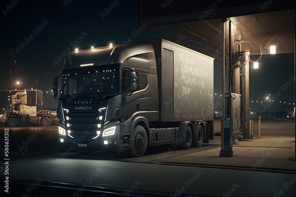 Electric truck standing by the charging station, Generative AI