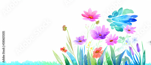 Colorful flowers & blossoms on a white background painted with watercolors, generative ai, banner, mother's day, easter, valentines day, wedding, love, roses, alstroemeria, freesia, floral design