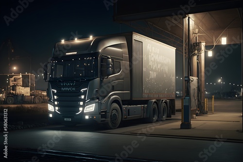 Electric truck standing by the charging station, Generative AI