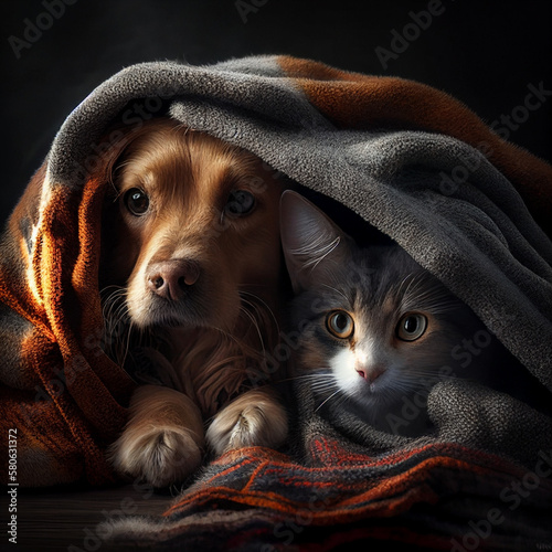 a cat and a dog is warming themselfs under a blanket cozy feeling AI generated photo