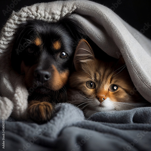 a cat and a dog is warming themselfs under a blanket cozy feeling AI generated photo