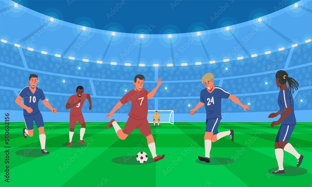 Football Match In Stadium Athletes Football Or Soccer Players Kick Football Match In Stadium Athletes Football Or Soccer Players Kick