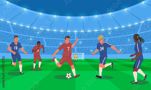 Football match in stadium. Athletes, football or soccer players kick ball, join fight and score goal against goalkeeper. World championship or sports competition. Cartoon flat vector illustration