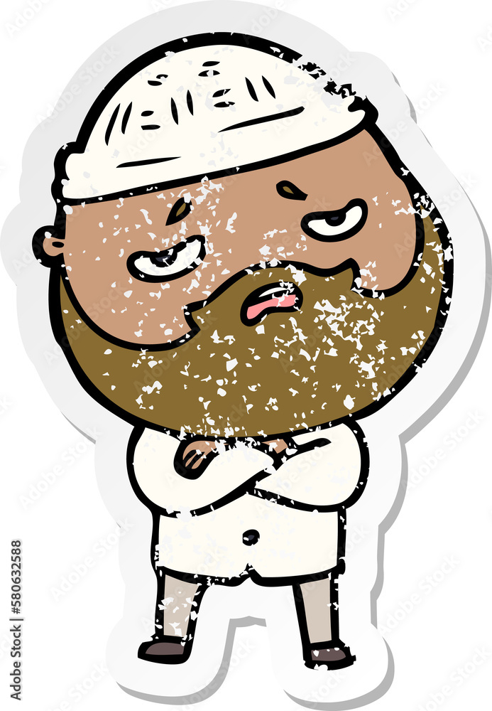 distressed sticker of a cartoon worried man with beard
