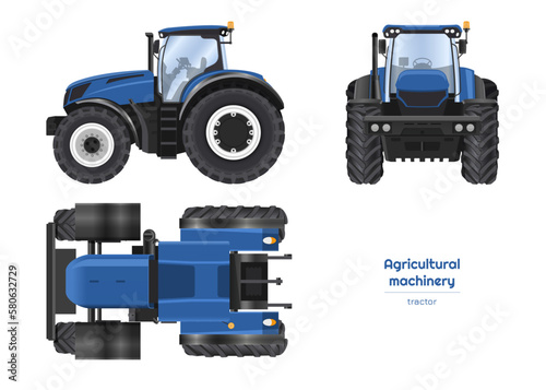 Blue tractor drawing. Isolated agricultural machine. Top, side and front views of farmer vehicle. 3d industrial blueprint