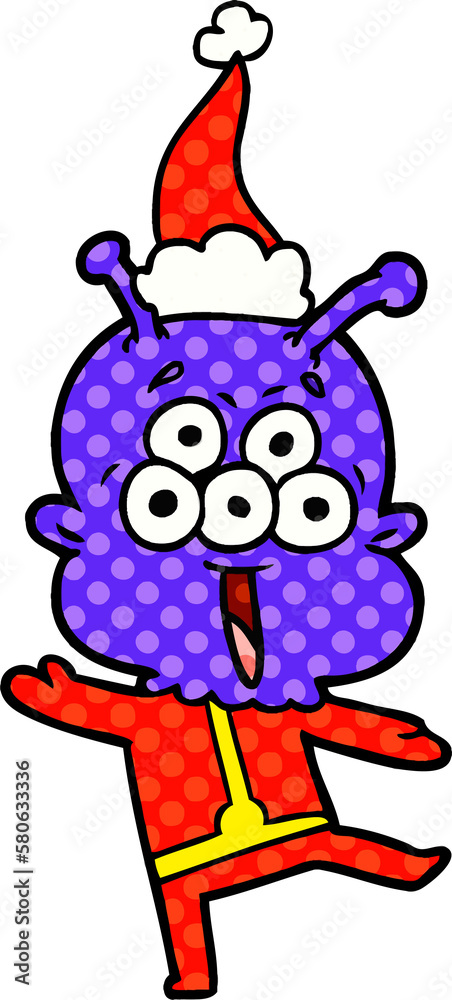 Obraz premium happy comic book style illustration of a alien dancing wearing santa hat