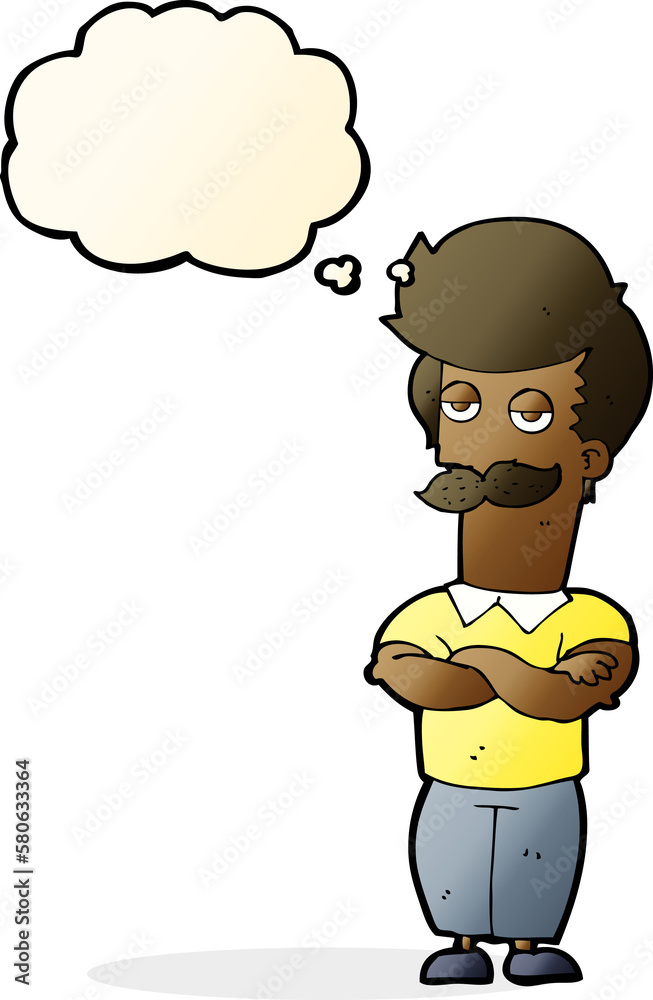 Fototapeta premium cartoon mustache muscle man with thought bubble