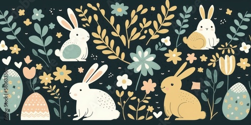 Many of the Easter bunnies. Beautiful colorful illustration. Generative AI