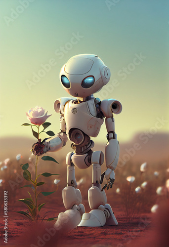 A romantic robot with a flower in his hand. AI Generated