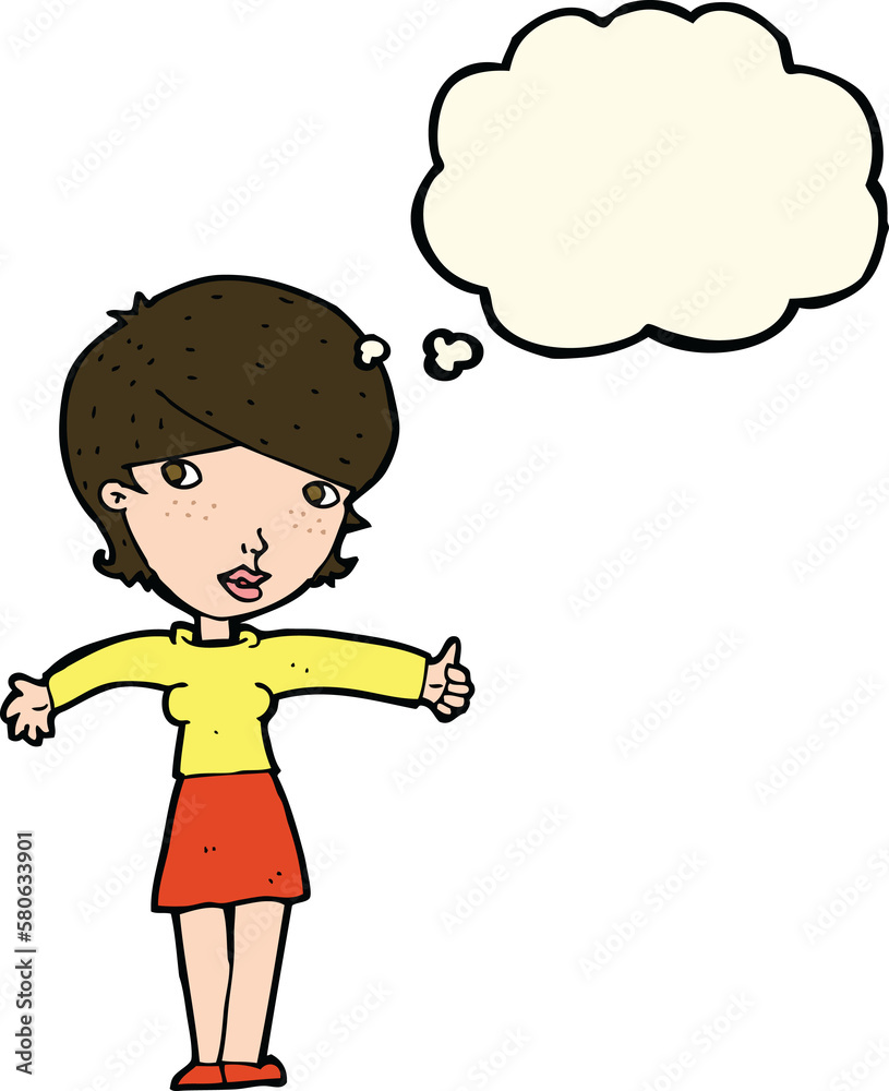 cartoon woman giving thumbs up symbol with thought bubble cartoon woman giving thumbs up symbol with thought bubble