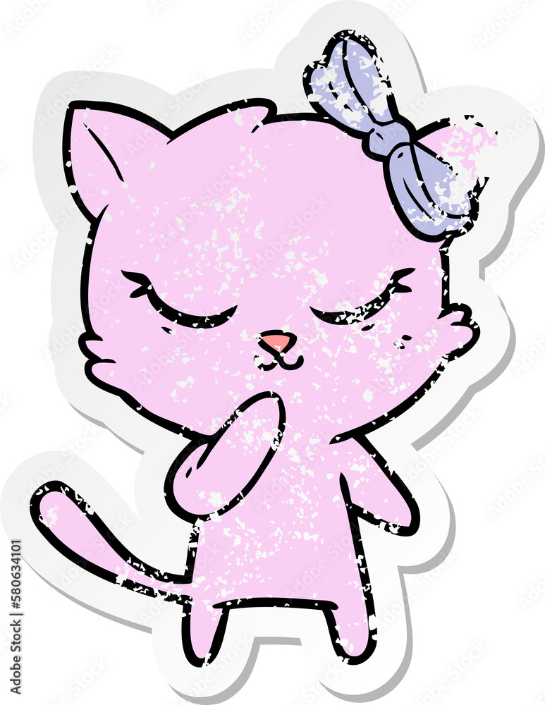 distressed sticker of a cute cartoon cat with bow distressed sticker of a cute cartoon cat with bow