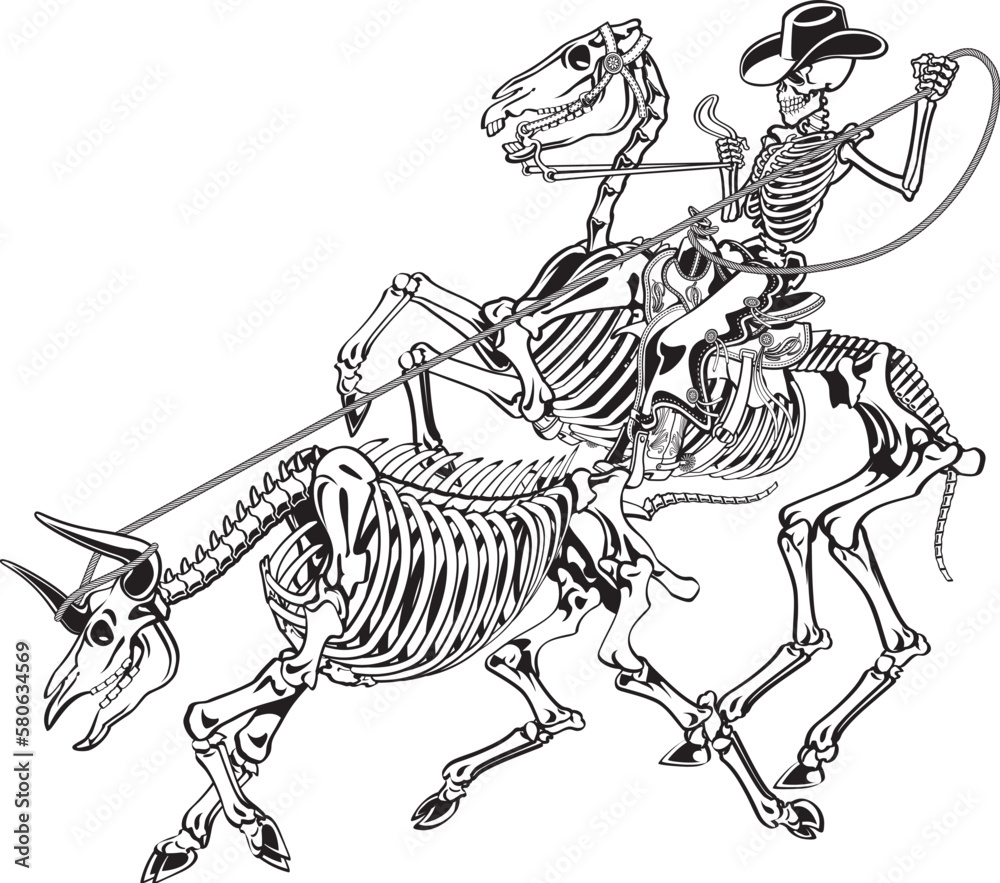 Skeleton cowboy on skeleton horse catching skeleton bull with lasso Skeleton cowboy on skeleton horse catching skeleton bull with lasso
