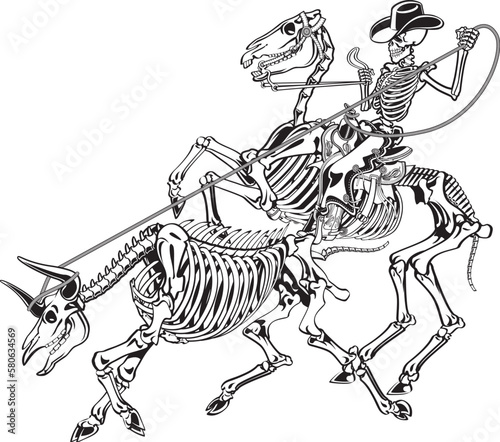 Skeleton cowboy on skeleton horse catching skeleton bull with lasso © Armi1961