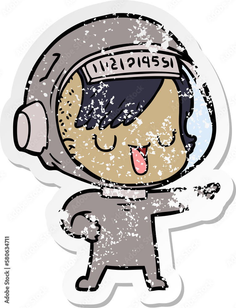 distressed sticker of a cartoon astronaut woman distressed sticker of a cartoon astronaut woman