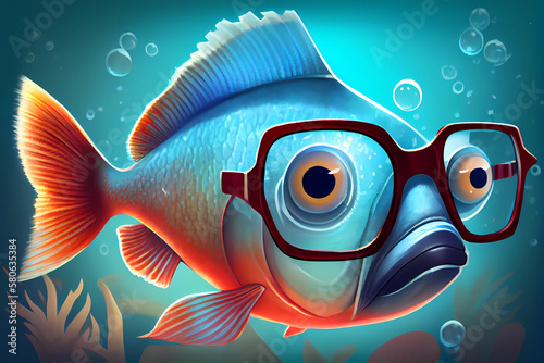 A fish with glasses underwater on turquoise background Stock Illustration