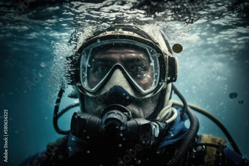 Diver with equipment is underwater. 3d style picture. Beautiful image. Generative AI
