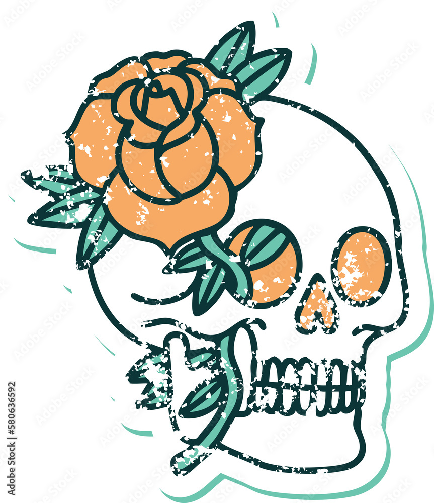 distressed sticker tattoo style icon of a skull and rose distressed sticker tattoo style icon of a skull and rose