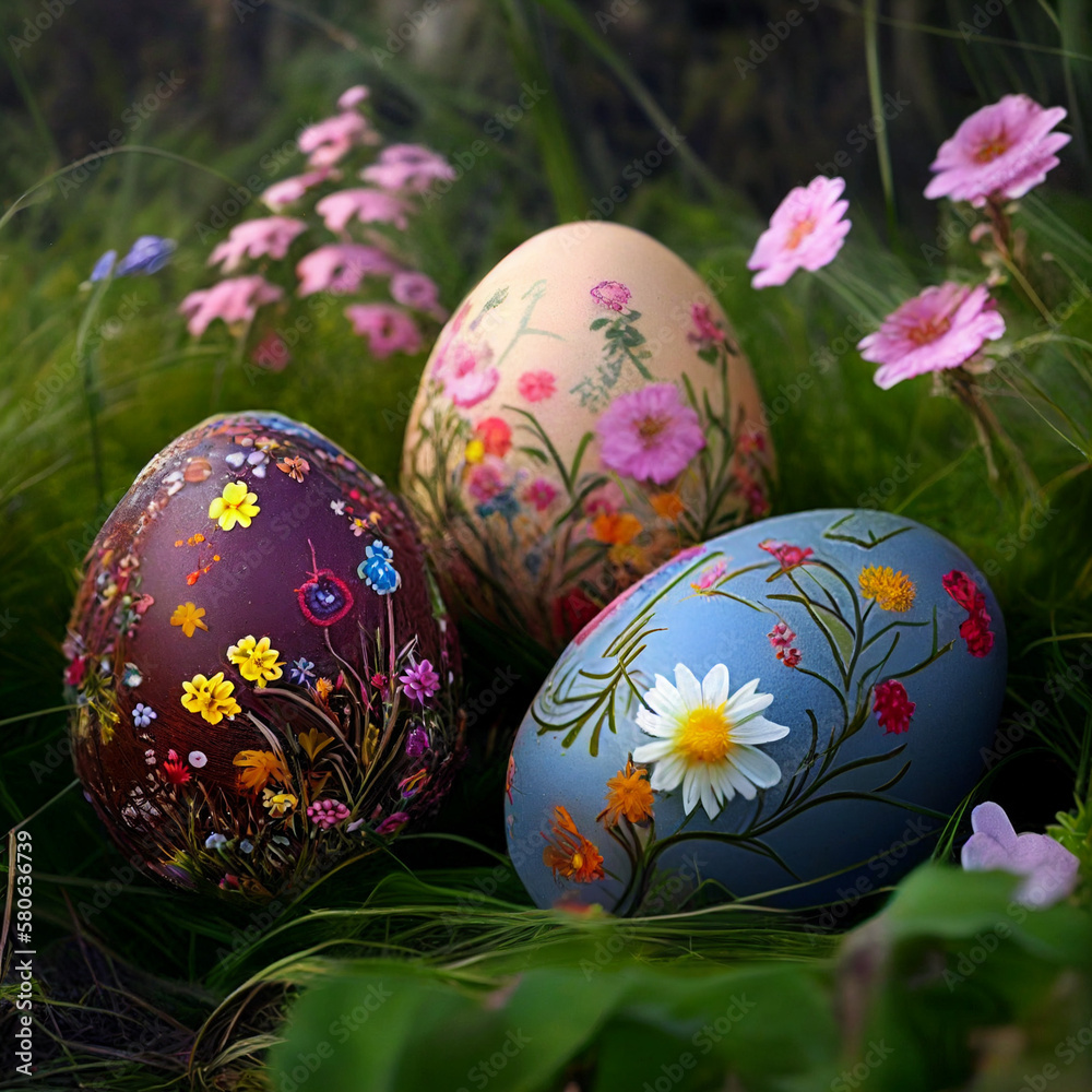 Fototapeta premium Easter eggs decorated with flowers in the grass AI generated