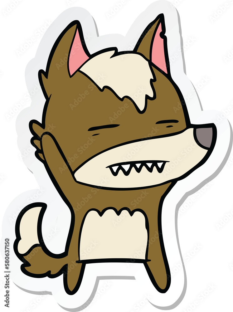 sticker of a cartoon wolf waving showing teeth sticker of a cartoon wolf waving showing teeth