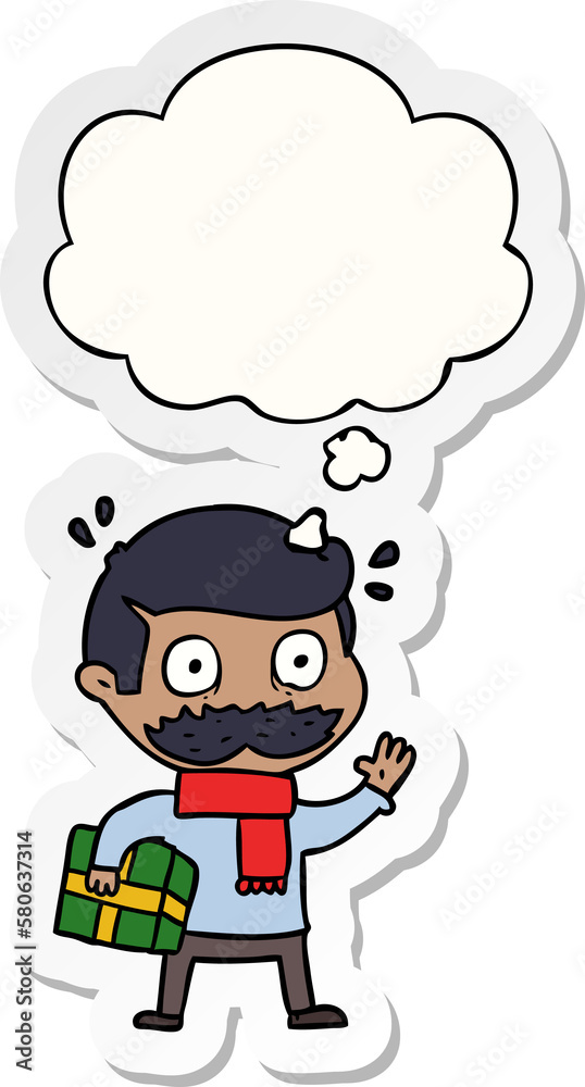 cartoon man with mustache and christmas present and thought bubble as a printed sticker
