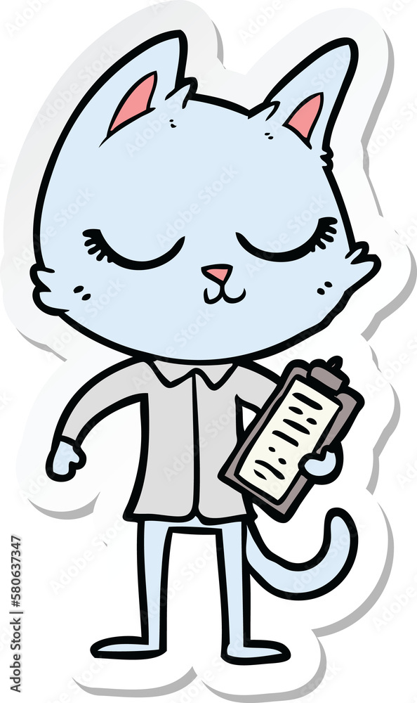 sticker of a calm cartoon cat with clipboard sticker of a calm cartoon cat with clipboard