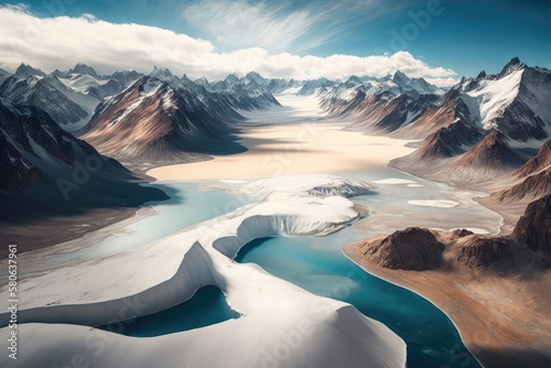 high-altitude view of a glacial valley, surrounded by snowcapped peaks and frozen lakes., created with generative ai photo