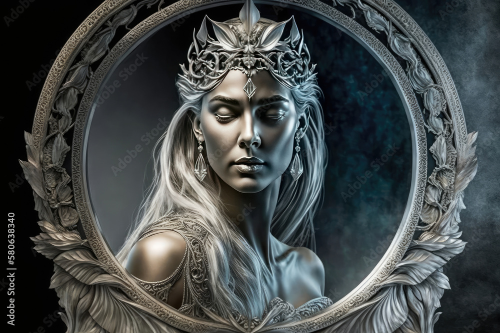 portrait of an ice queen with long white hair and magnificent crown on ...