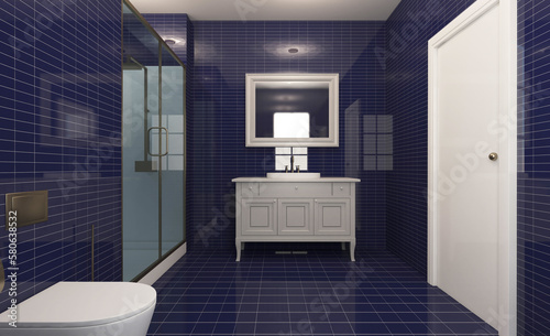 Stylish blue bathroom: large shower stall and modern design. 3D rendering.
