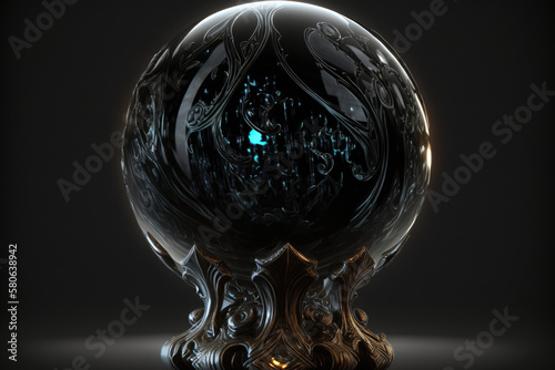 dark crystal ball on a bronze base with ornate decoration, misty clouds inside the ball created with Generative AI technology