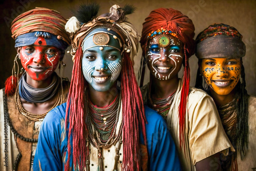 A group of smiling young ethnic African people wearing traditional cloth, with colorful tribal paint on their faces. Created with Generative AI technology.