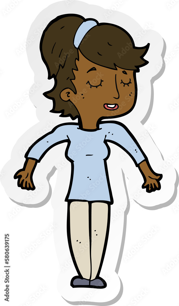 sticker of a cartoon friendly woman shrugging shoulders