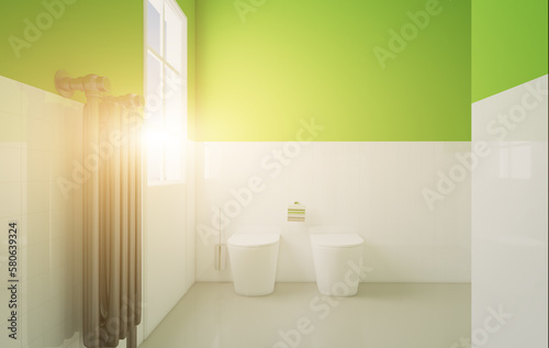 Green layering in a white bathroom with a window: creating harmony. 3D rendering.. Sunset.