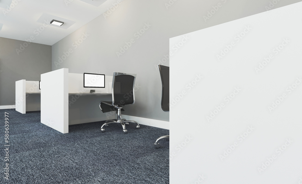 Fototapeta premium Open space office interior with like conference room. Mockup. 3D rendering.