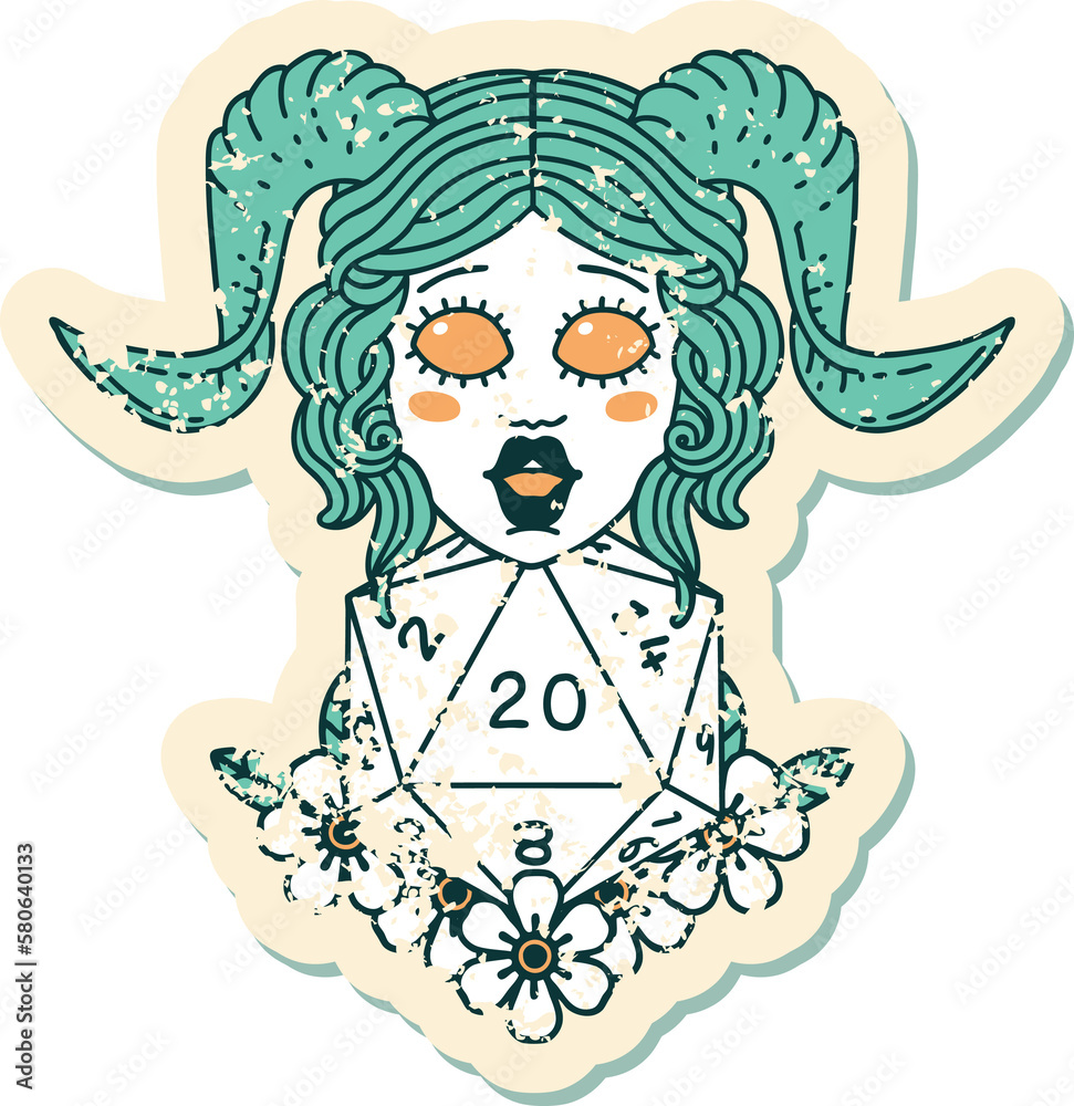 tiefling with natural twenty dice roll grunge sticker tiefling with natural twenty dice roll grunge sticker